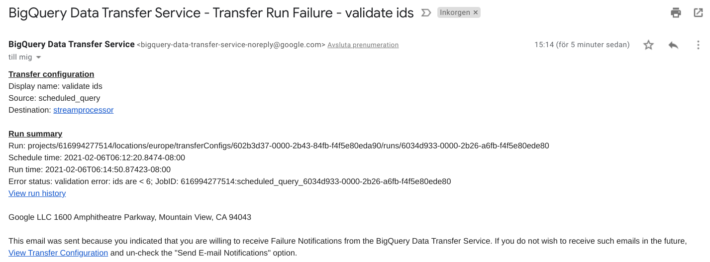 BigQuery scheduled query notification email